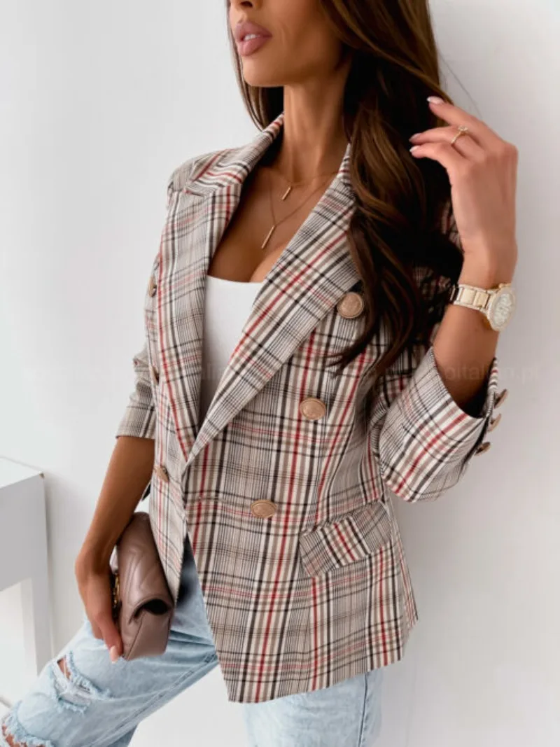 Traje de lana grueso y cálido para otoño e invierno, chaqueta de traje a cuadros, chaqueta de traje informal con solapa cruzada para mujer