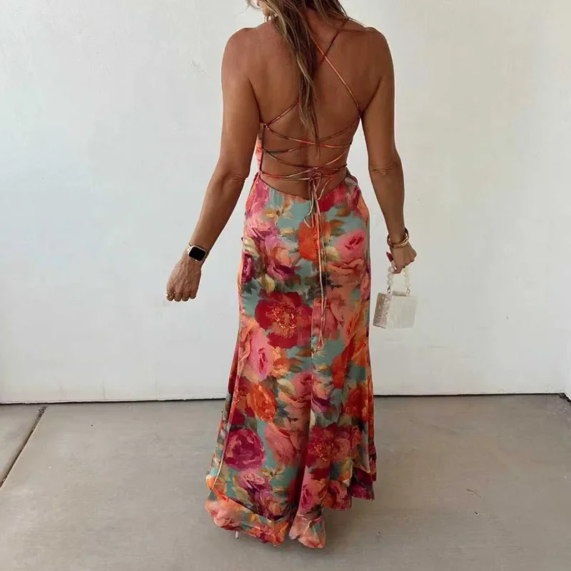 Casual Sleeveless Backless Tie Up Dress Summer New Low Cut Pleated Evening Dress Fashion Hot Girl Irregular Floral Printed Dress