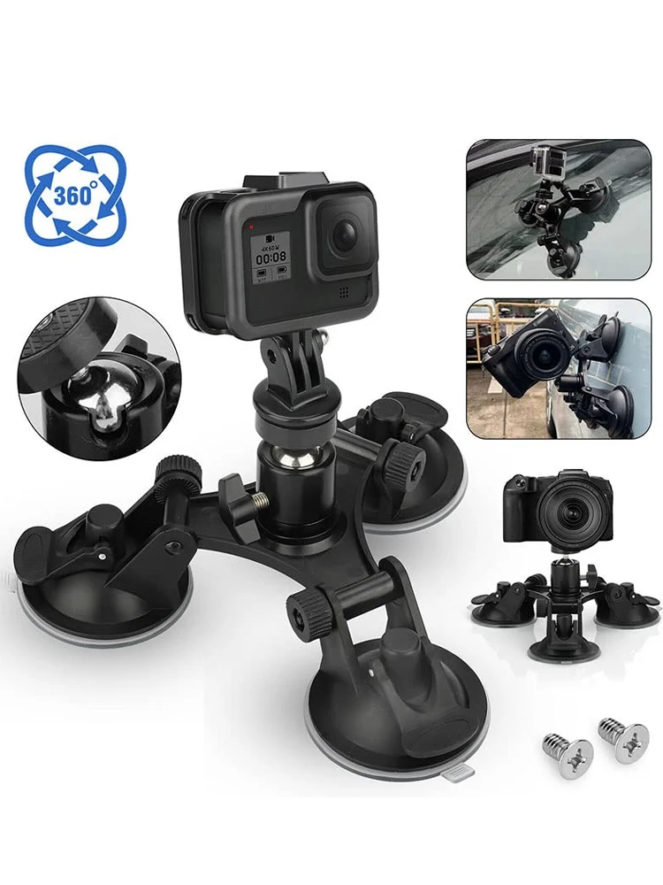 Set Di Supporto Per Auto Con Tripla Ventosa, Supporto Per Auto Con Tripla Ventosa E Morsetto Per Insta360 Gopro Akaso Action Camera Supporto Per Selfie Stick Retrattile Da 28-112 Cm Con Braccio