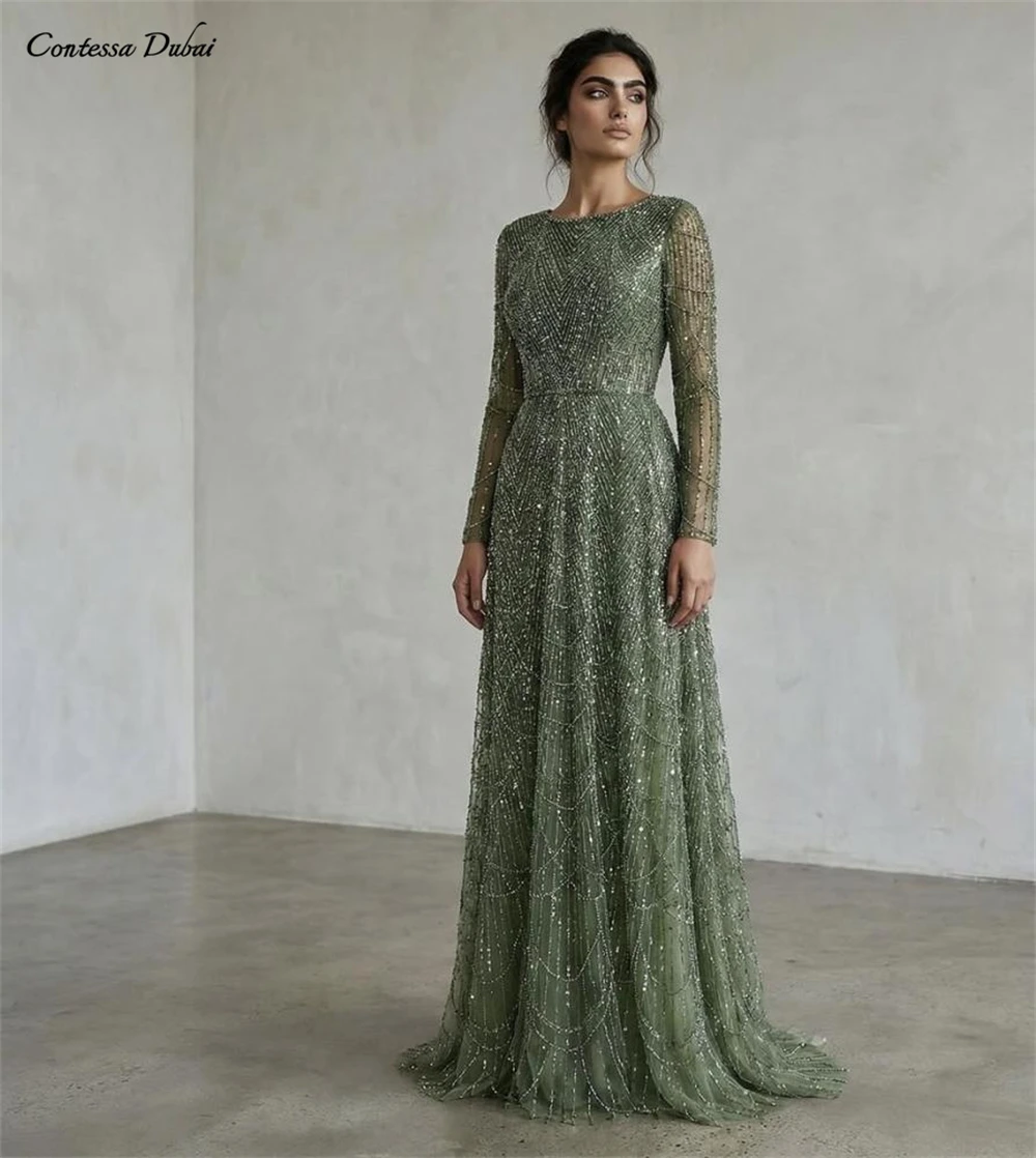 Contessa Custom formal gown elegant beaded tulle evening dress long sleeve boat neck floor length A line glam sparkly prom party