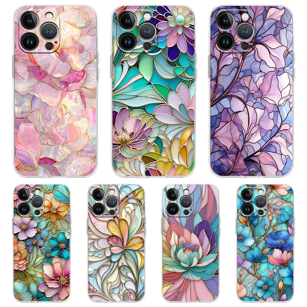 Soft TPU Transparent Phone Case Cover for iPhone 16 15 14 13 12 11 Pro Max XR 8 7 Plus Shockproof Shell Fashion Flower Pattern