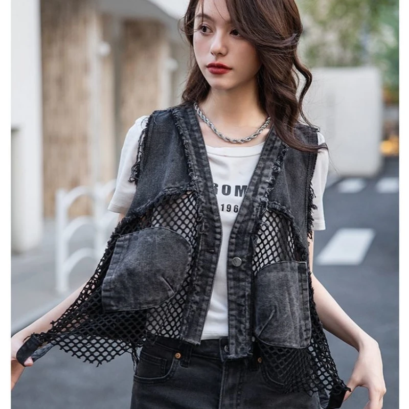 Women Denim Hollow Out Patchwork Short Vest New Big Size V-neck Sleeveless Loose Trendy Spring Summer Denim Tank Tops Streetwear