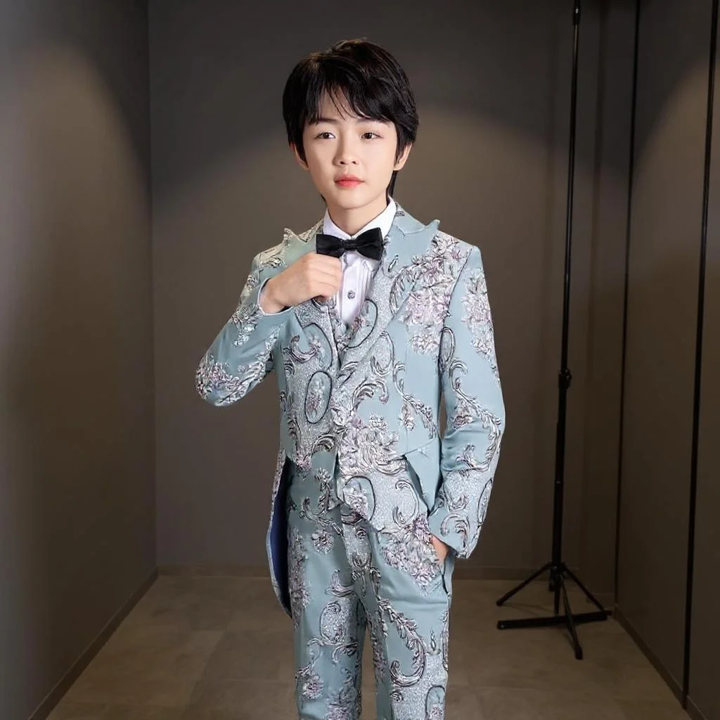 

Floral Suits for Boys Formal Tuxedo Wedding Kids Vest Jacket Pants 3 Pcs for Piano Performance Prom Children Photography Suit