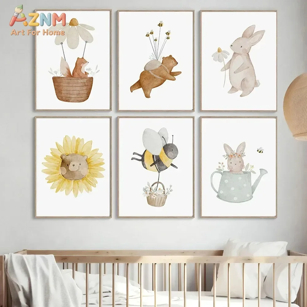 AZNM Watercolor Bear Fox Animal Canvas Wall Art Boho Garden Floral Nursery Print Poster For Kids Baby Bedroom Home Decor