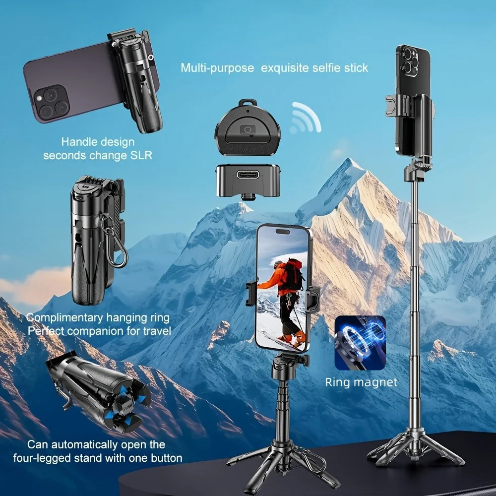 P15MiNi-C Upgraded Magnetic Selfie Stick Type-C Rechargeable Wireless Remote Controller 360° Rotation for Travel/ Live Streaming