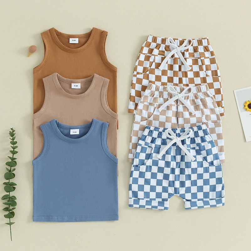 

Toddler Infant Boys Summer Outfits Solid Color Sleeveless Tank Tops and Checkerboard Elastic Waist Shorts 2Pcs Clothes Set
