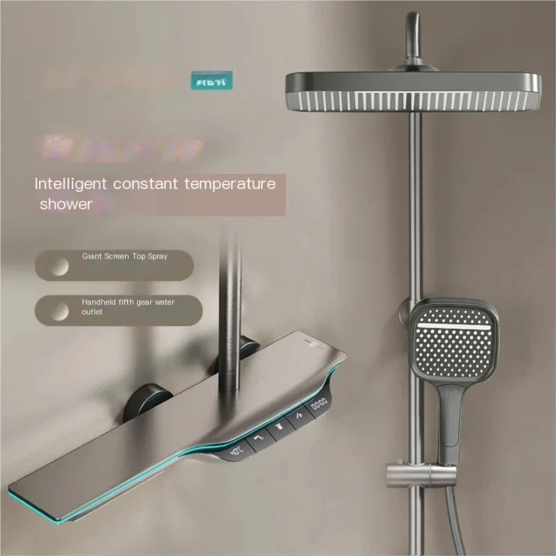 Light Luxury Intelligent Digital Display Thermostatic Shower Set With Ambient Light Piano Keys Bathroom Brass Booster Shower Set