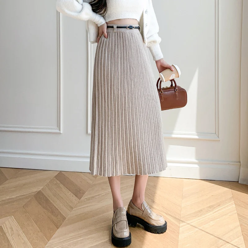 Elegant High Waist Knitted Skirts Women Spring Autumn Loose Pleated Mid-Long Skirts Woman Chic Solid Color Skirts Female