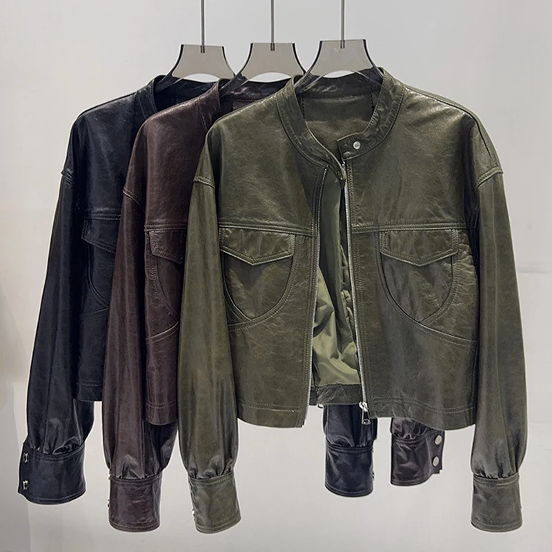 Vestes Courtes en Cuir Véritable pour Femmes, Hauts en Peau de Mouton Première Couche, Blousons Décontractés en Cuir Huilé avec Col Montant