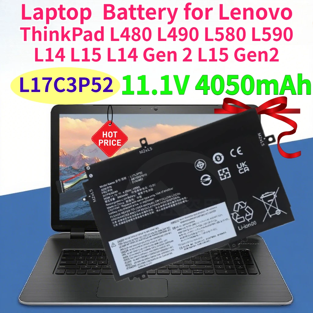 

11.1V 4050mAh L17C3P52 Laptop Batteries for Lenovo ThinkPad L480 L490 L580 L590 L14 L15 L14 Gen 2 L15 Gen2 Computer Accessories