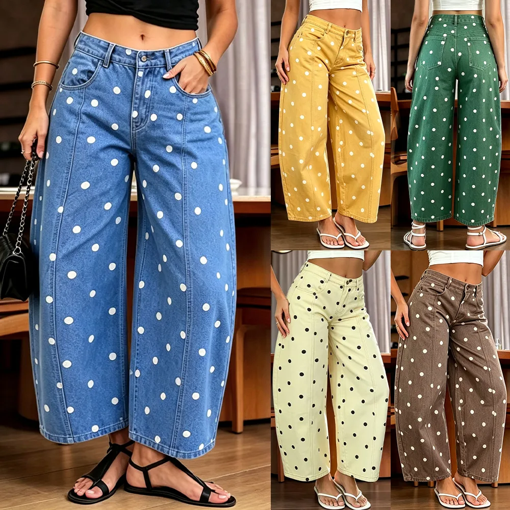 Dot Print Jeans Women Denim Pant Wide Leg Long Pants Work Casual Vintage Loose High Waist Straight Trousers Y2k Streetwear 2026