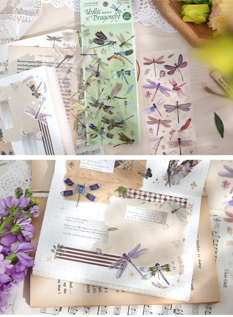 3pcs Kawaii Sticker Pack Feather Dragonfly Bird Jellyfish Decorative Scrapbooking Material Labels for Diary Phone Journal Planne