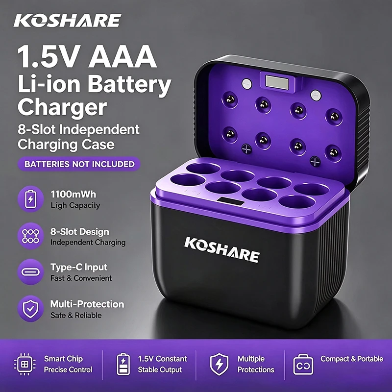 KOSHARE 1.5V Lithium Battery Charger With USB Type-C Port LED Display Independent Fast Charging For AAA 1100mWh Li-ion Batteries