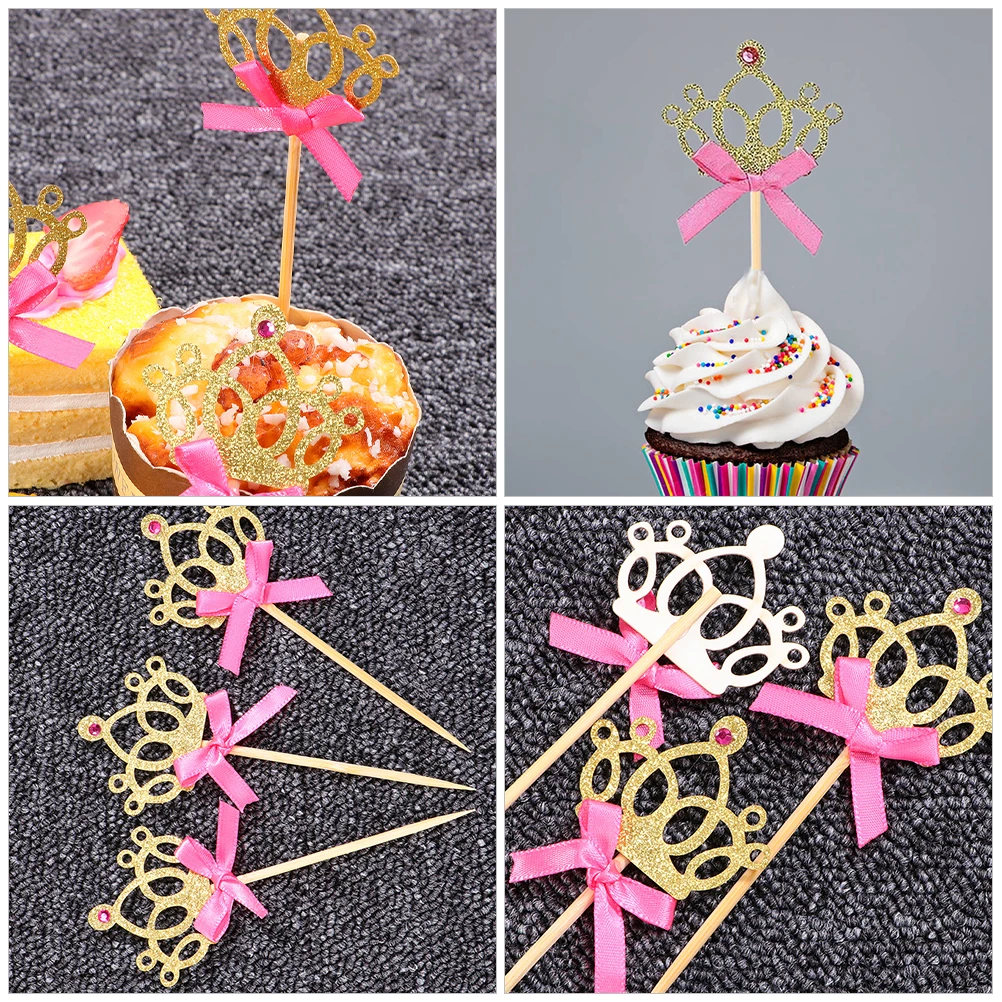 

36pcs Crown Toppers Decorative Gems Bow Picks Birthday Party Cake Cake Decorating Supplies Decorations Supplies Cupcake