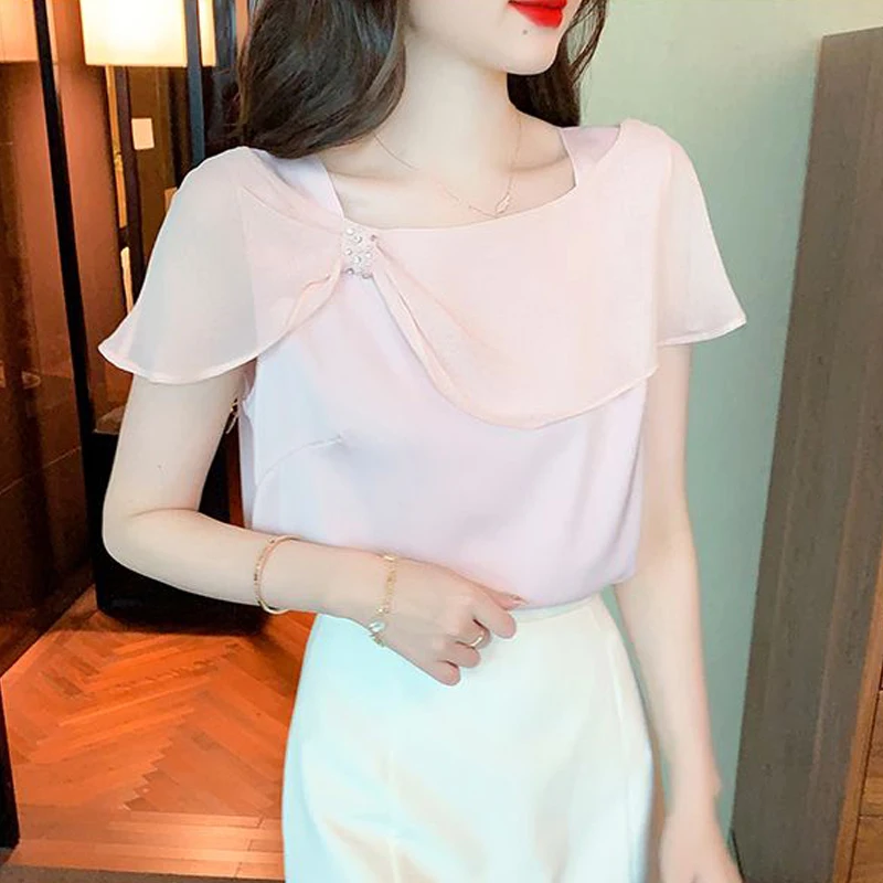 Women Clothing Summer Fashion Rhinestone Elegant Blouses Ruffles Sweet Chic Short Sleeve Shirts Female Casual Solid Fairy Tops