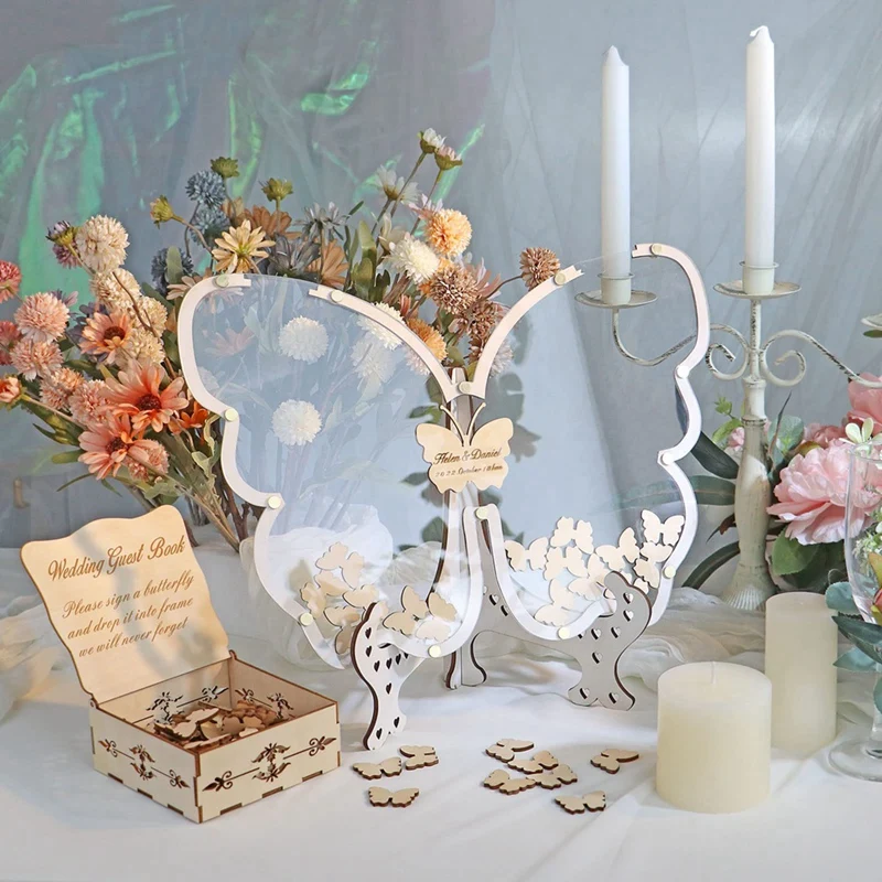 White Wedding Guest Book Alternative For 40 Guests To 200 Guests, Drop Wooden Butterfly Frame With Small Butterflies