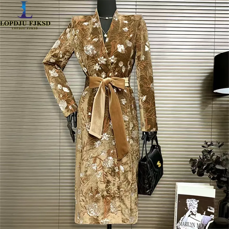 Goldener Samt-Windbreaker-Mantel mit verstellbarer Taille, Herbst/Winter, neuer, luxuriöser, mit Pailletten bestickter Damenmantel im englischen Stil