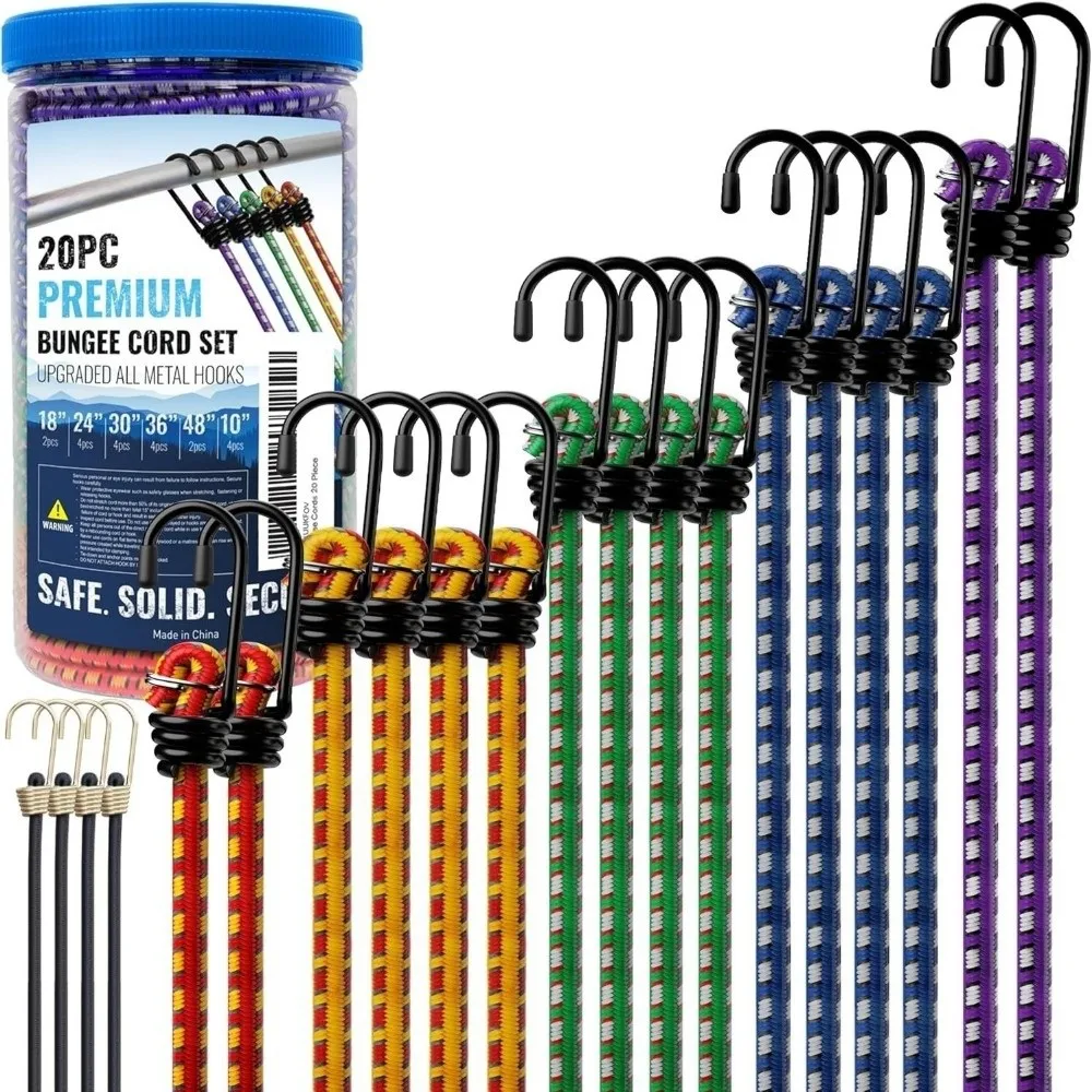 

A Set Premium Circular Rubber Bungee Cords Assortment High Elasticity Multi-Purpose Bungee Cords with Hooks Tarp Clips Camping