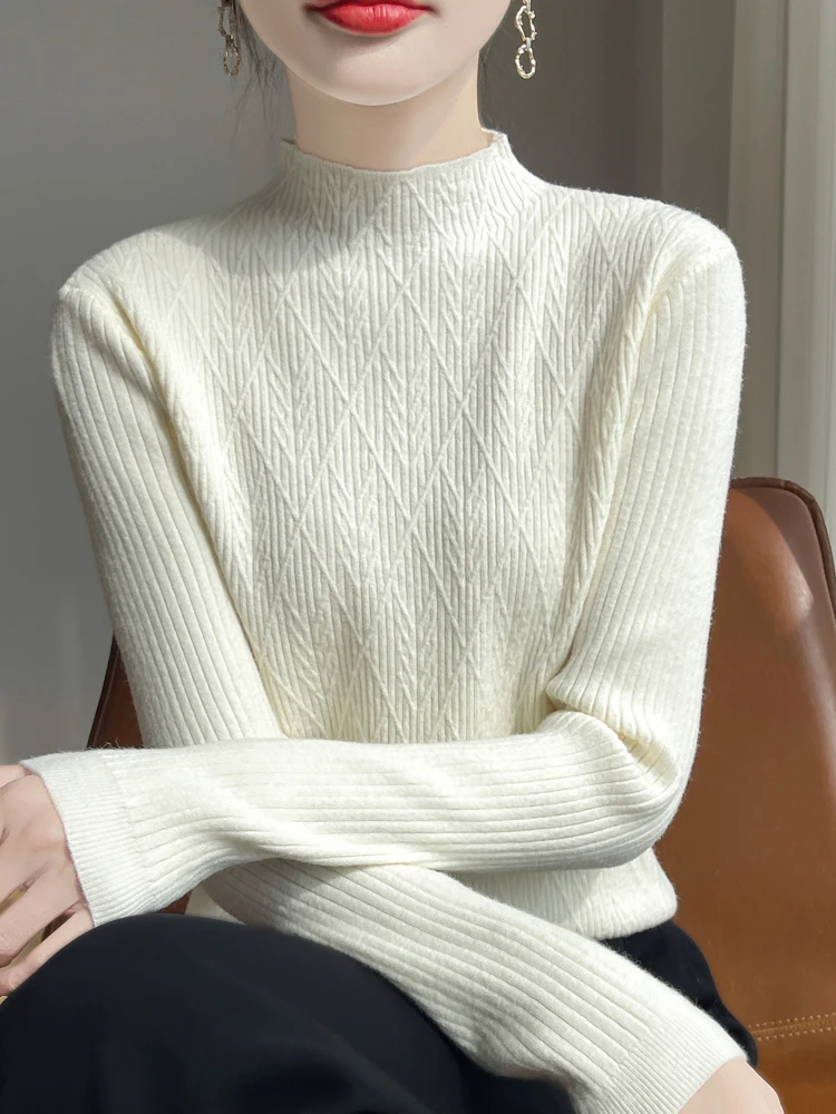 

Women's Mid-Ne Diamond Pattern Knitwear Casual Loose Fit Soft Long Sve Autumn Winter Inner Wear Versatile Coat Match