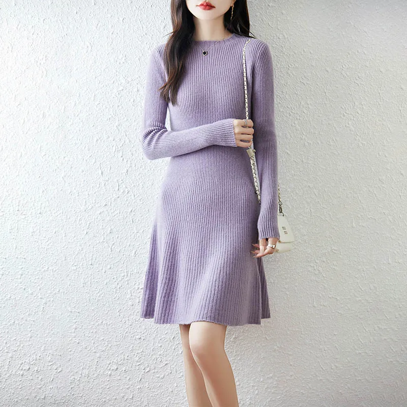 

Осенне-зимнее трикотажное платье из 100% чистой шерсти, женское длинное кашемировое платье с круглым вырезом, юбка-свитер