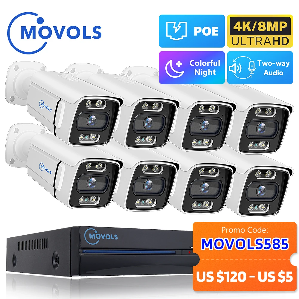 MOVOLS 8CH 5MP 8MP POE Security Camera System Two Way Audio 8MP NVR Kit CCTV Outdoor IP Camera H.265 P2P Video Surveillance Set