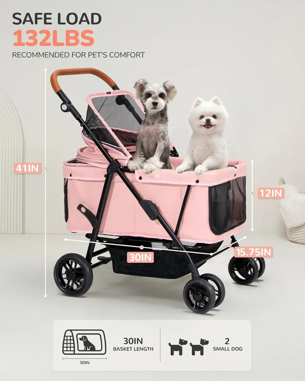 

Large Dog Stroller for 2 Pets, Heavy Duty Foldable Ventilated, Pink or Navy, Up to 132 lbs