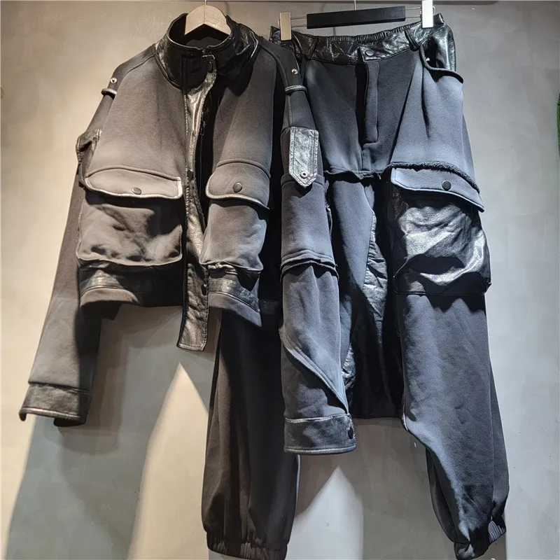 Setelan Dua Potong Berbahan Fleece dan Tebal untuk Wanita, Celana Longgar Bergaya dengan Kantong Besar, Jaket Kulit Bergaya Keren dengan Gesper untuk Musim Gugur dan Musim Dingin
