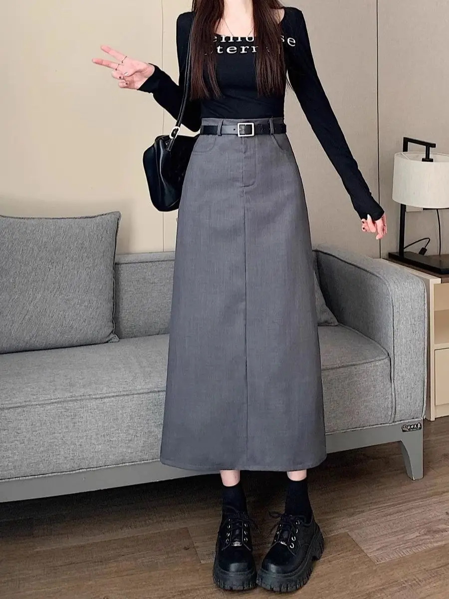 

Черная юбка миди А-силуэта с высокой талией, драпировкой и разрезом, весна-лето, женская, модная, стройнящая, для офиса, в корейском стиле, свободного кроя