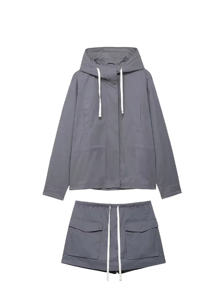 

HH Женская модная куртка с длинным рукавом на молнии и капюшоном + эластичный пояс на шнурке, свободные карманы, рабочие брюки-кюлоты, однотонные шорты, костюм