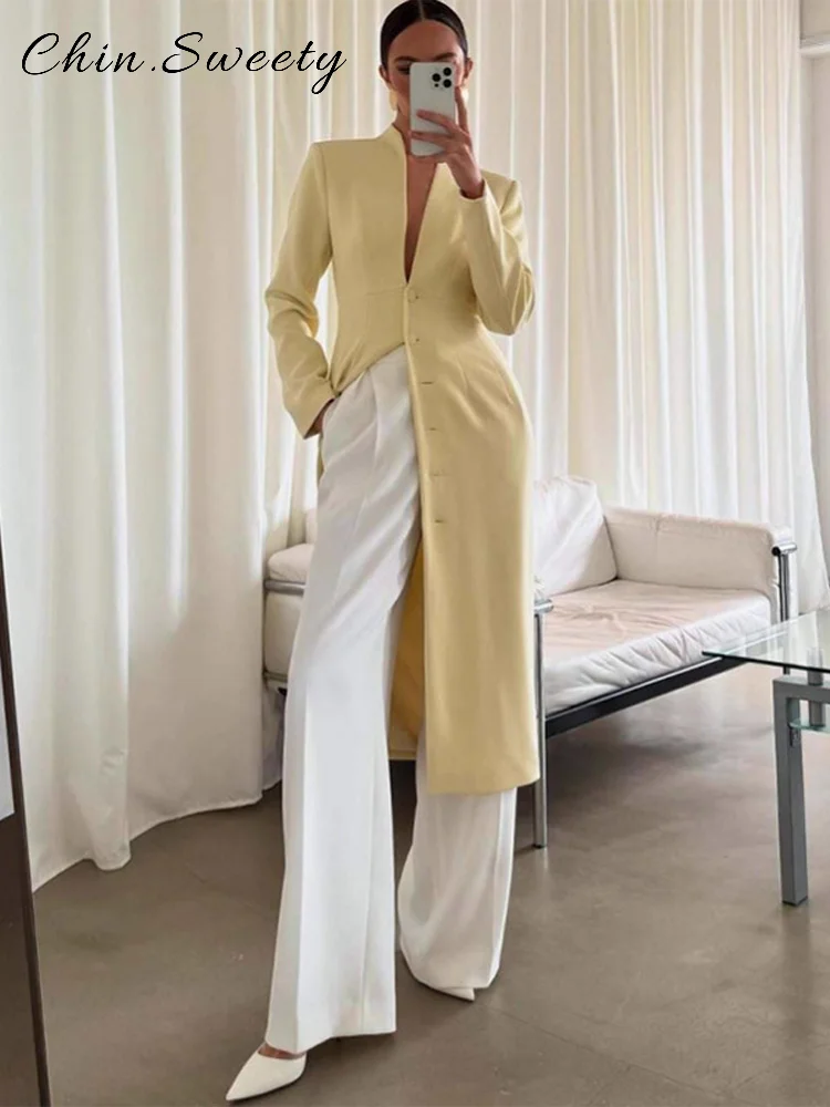 أنيقة واحدة الصدر فستان طويل المرأة الأصفر الوقوف طوق كم كامل الجبهة سبليت فساتين ضئيلة 2025 الخريف سيدة تخفيف الجلباب