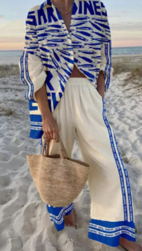 Conjunto informal de 2 piezas con estampado bohemio, camisa holgada de manga larga con solapa y botones, pantalones de pierna ancha de cintura alta, traje de primavera, nuevo estilo de vacaciones