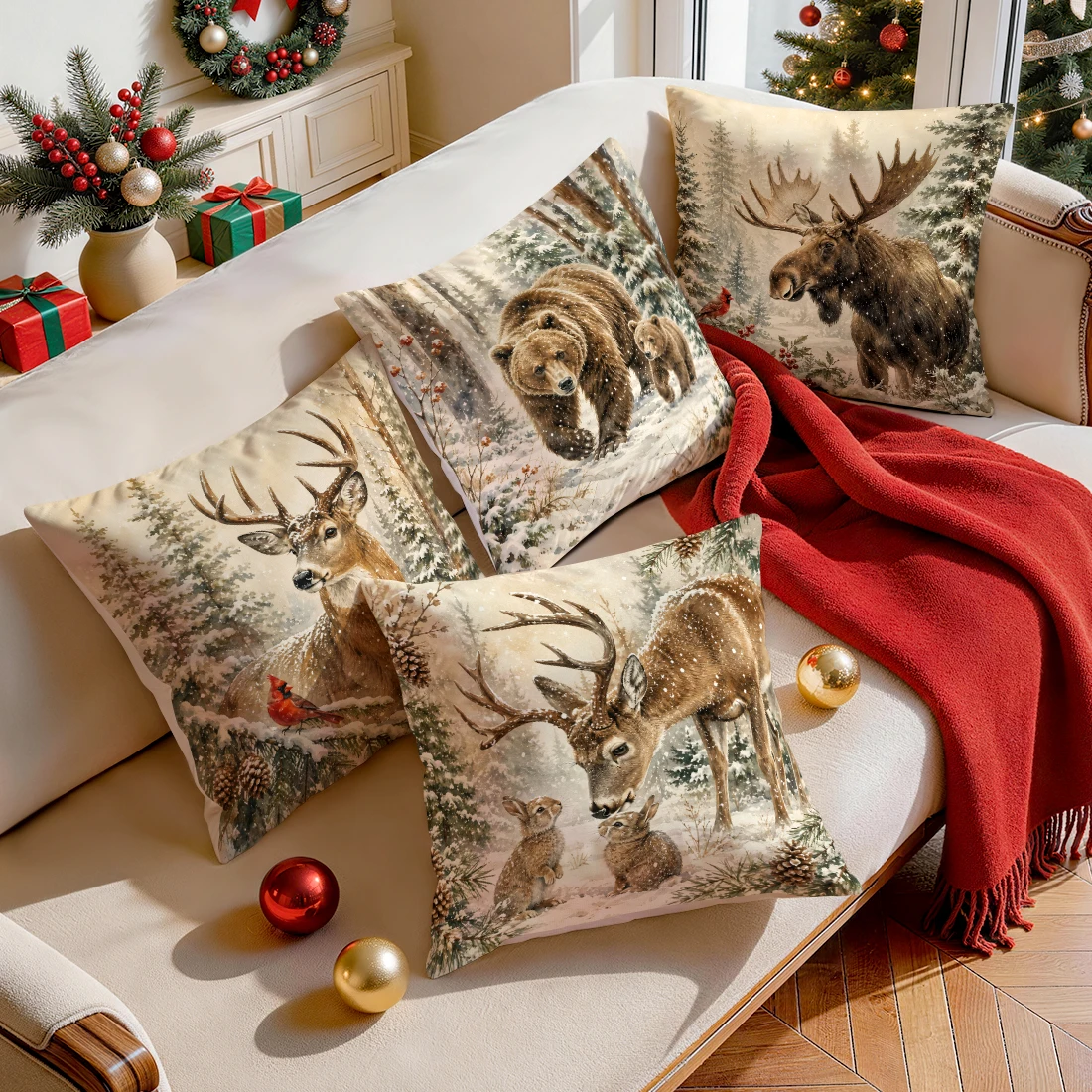 Snow Forest Animals Pillowcase Printed Polyester 40/45/50cm Throw Pillowcover Decorative Sofa Cushion Pillowslip Home Decor