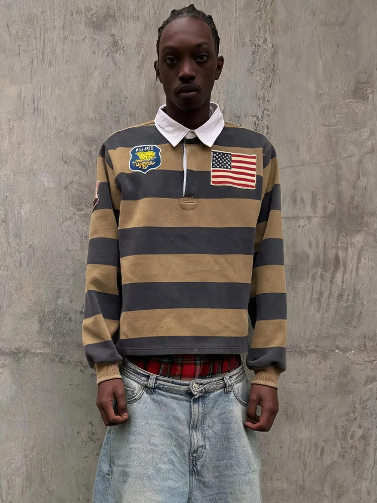 American retro workwear casual style football long sleeved lapel T-shirt top striped contrasting distressed printed text