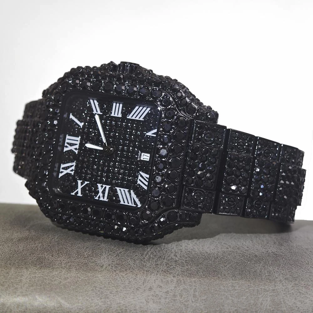 유니게트 럭셔리 아이스드 워치 남성용 쿨 블랙 다이아몬드 힙합 쿼츠 시계 남성용 로마 숫자 사각 손목시계 선물 특가 판매