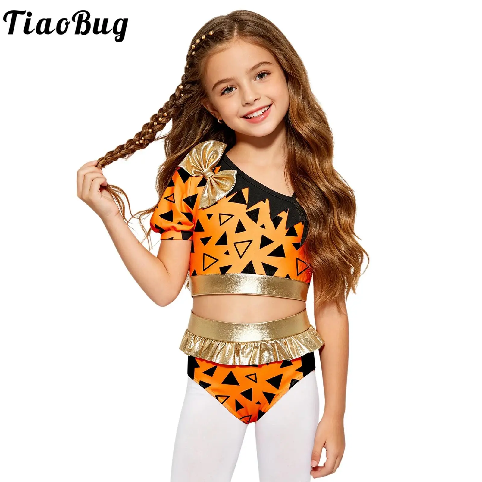 Kids Girls Prehistoric Caveman Cosplay Costume Halloween Primitive Tribal outfit Metallic Gloss Bow Crop Top with Ruffle Briefs