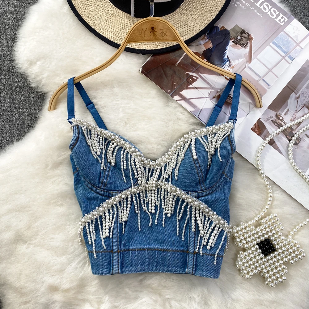 

Women New Fashion Sexy Sleeveless Pearl Tassel Chain Outerwear Denim Hot Sale Camisole Short Bustier Corset Crop Tops