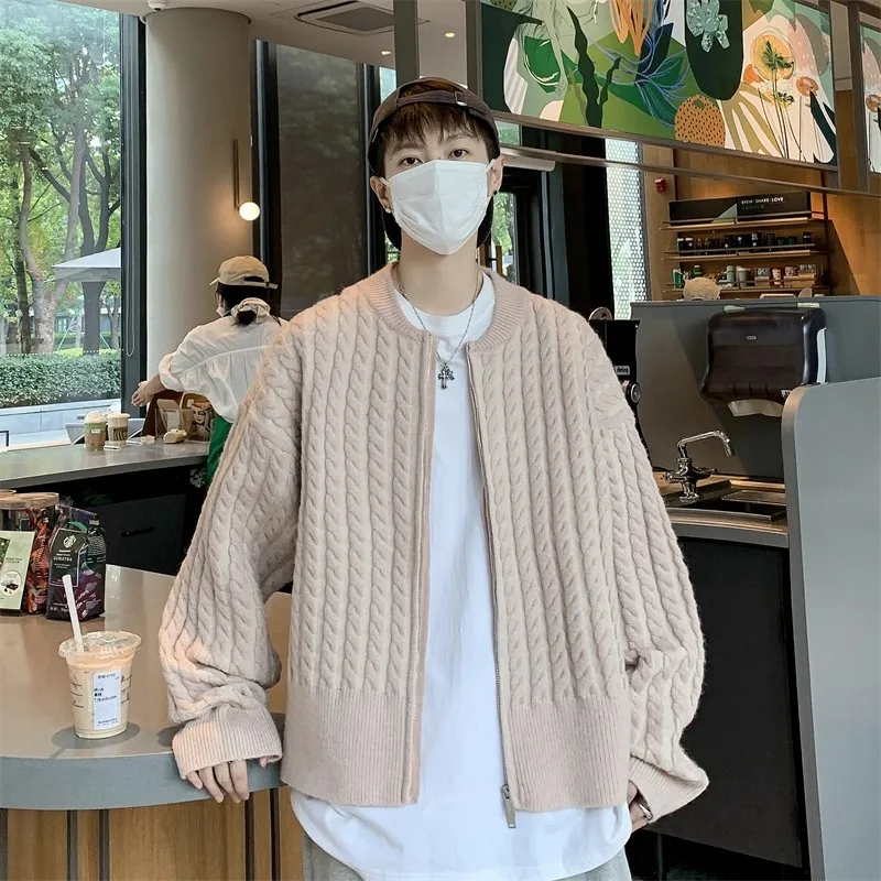Japanese retro contrast striped zipper cardigan sweater for men in autumn and winter trendy brand loose casual all-match tops