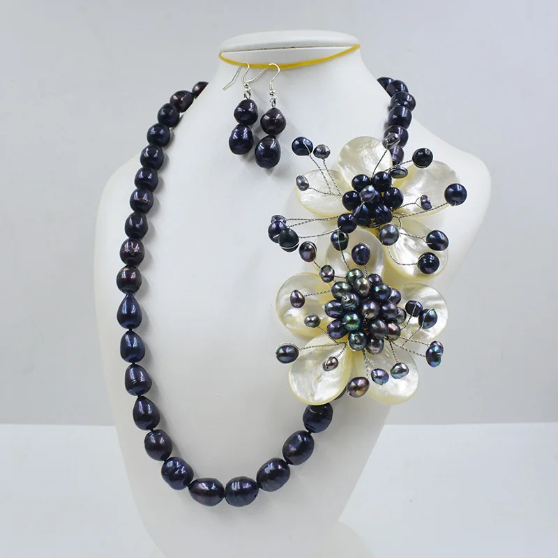 11-12MM Giant Natural Freshwater Pearl Handmade Woven Shell Flower Necklace Earring Set 20”