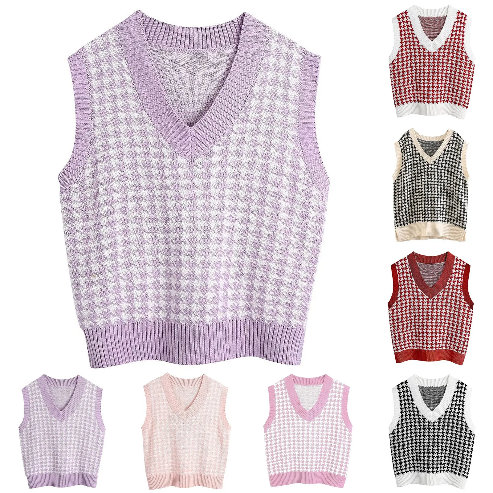 

Women'S Vest Casual V-Neck Pullover Shirt Collision Color Sleeveless Female Sweater Lattice Knitted Short Sweater Vest Autumn