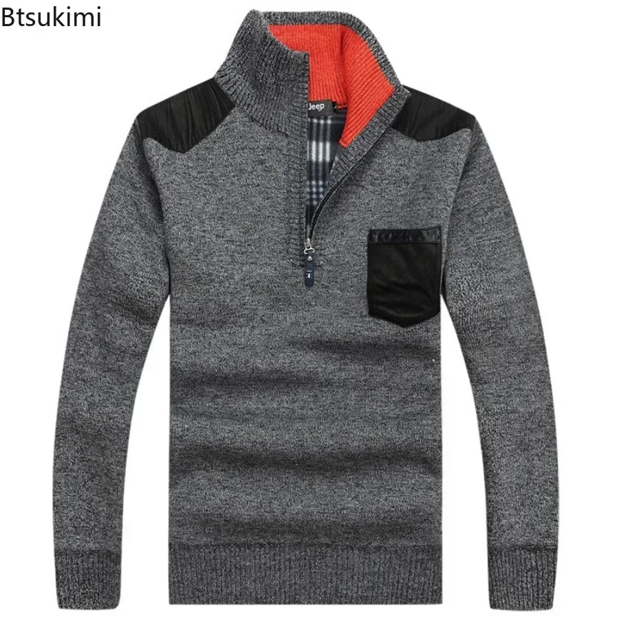 Men's Winter Sweaters Stand Collar Half Zipper Knitted Fleece Pullovers Long Sleeve Pocket Casual Jumper Thick Clothing for Men