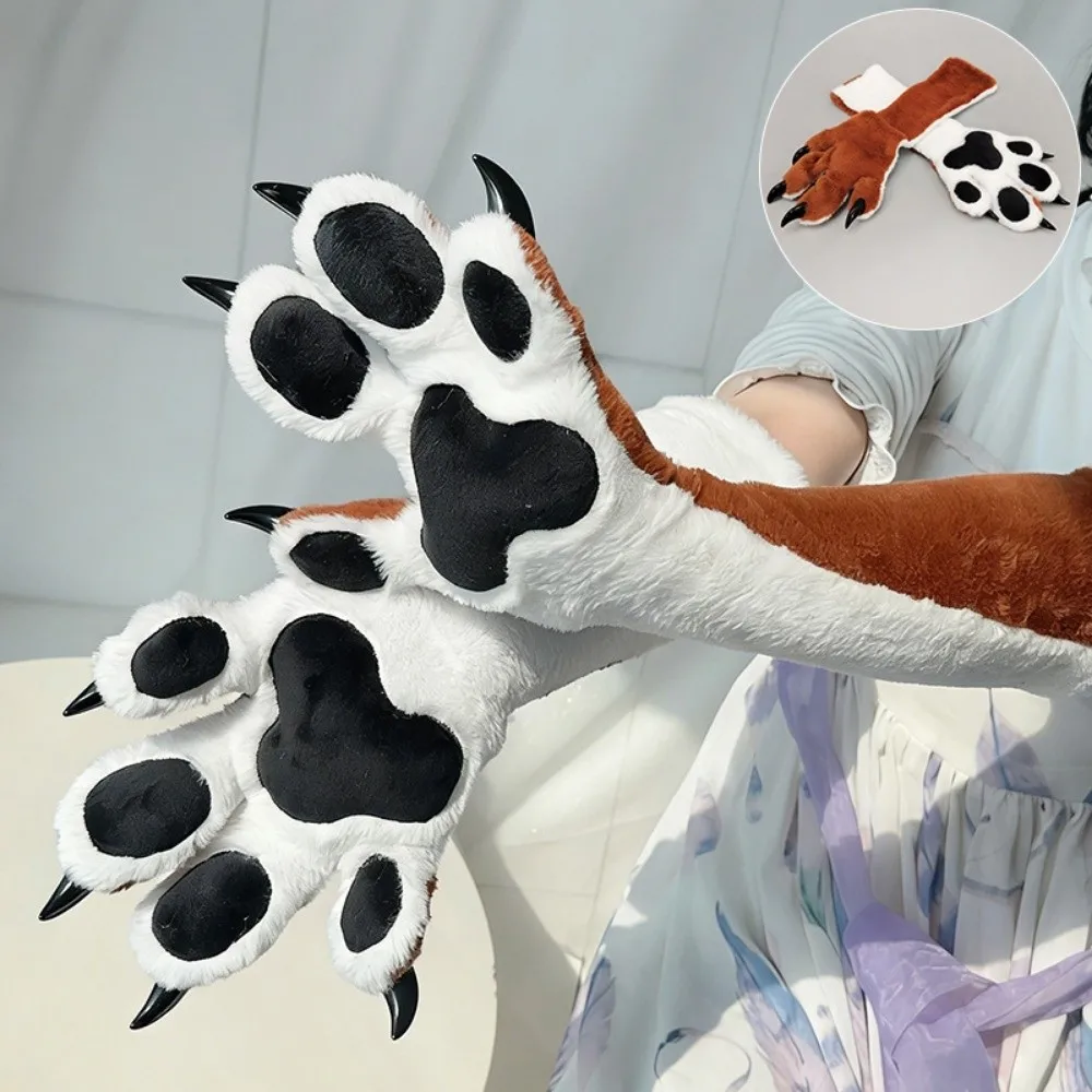 Faux Fur Animal Fursuit Paw Gloves with Nails Thicken Cosplay Paw Glove Pads Cartoon Animal Claw Mittens Costume Accessories