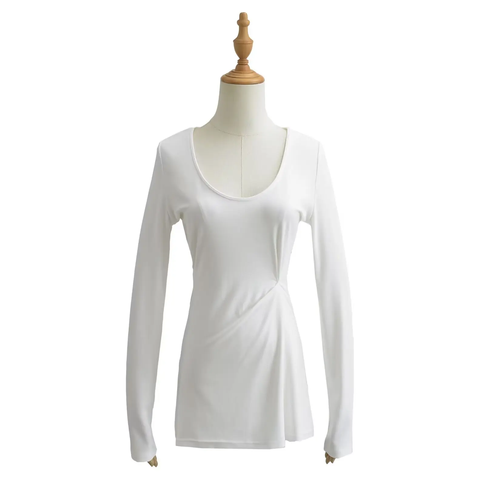 スリムフィット長袖Tシャツ レディース ラジースタイル 日よけカバーアップトップ Uネック プリーツ コットン 春夏ファッション キュートスタイル
