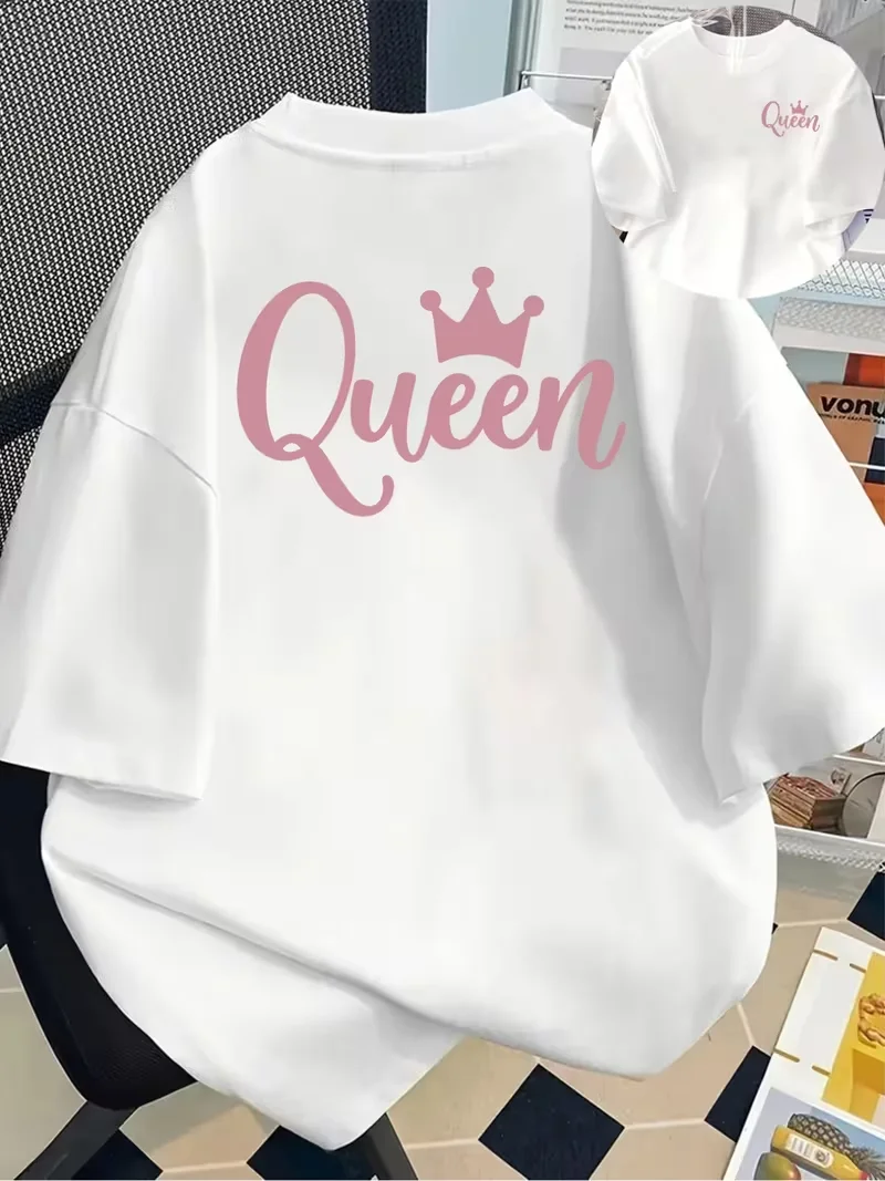 

Queen Crown Graphic T-Shirt, Pink Letter Print Front & Back Printed Casual Crew Neck Short Sleeve,Spring Summer Daily Casual Top