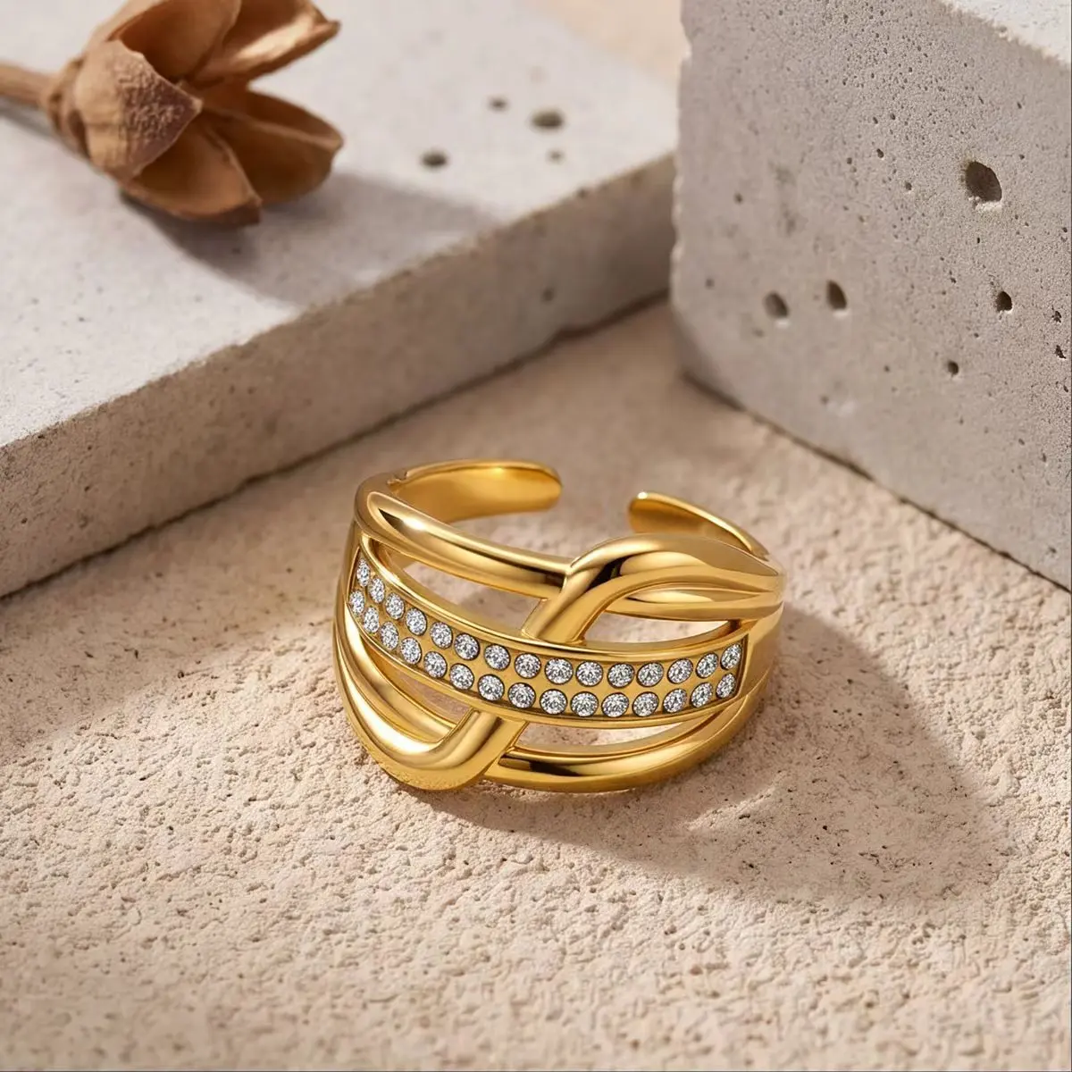 Fashionable and Luxurious Twisted Zircon Open Ring Gold Multi-layered Wide Ring Bracelet Suitable for Women's Daily Party Wear