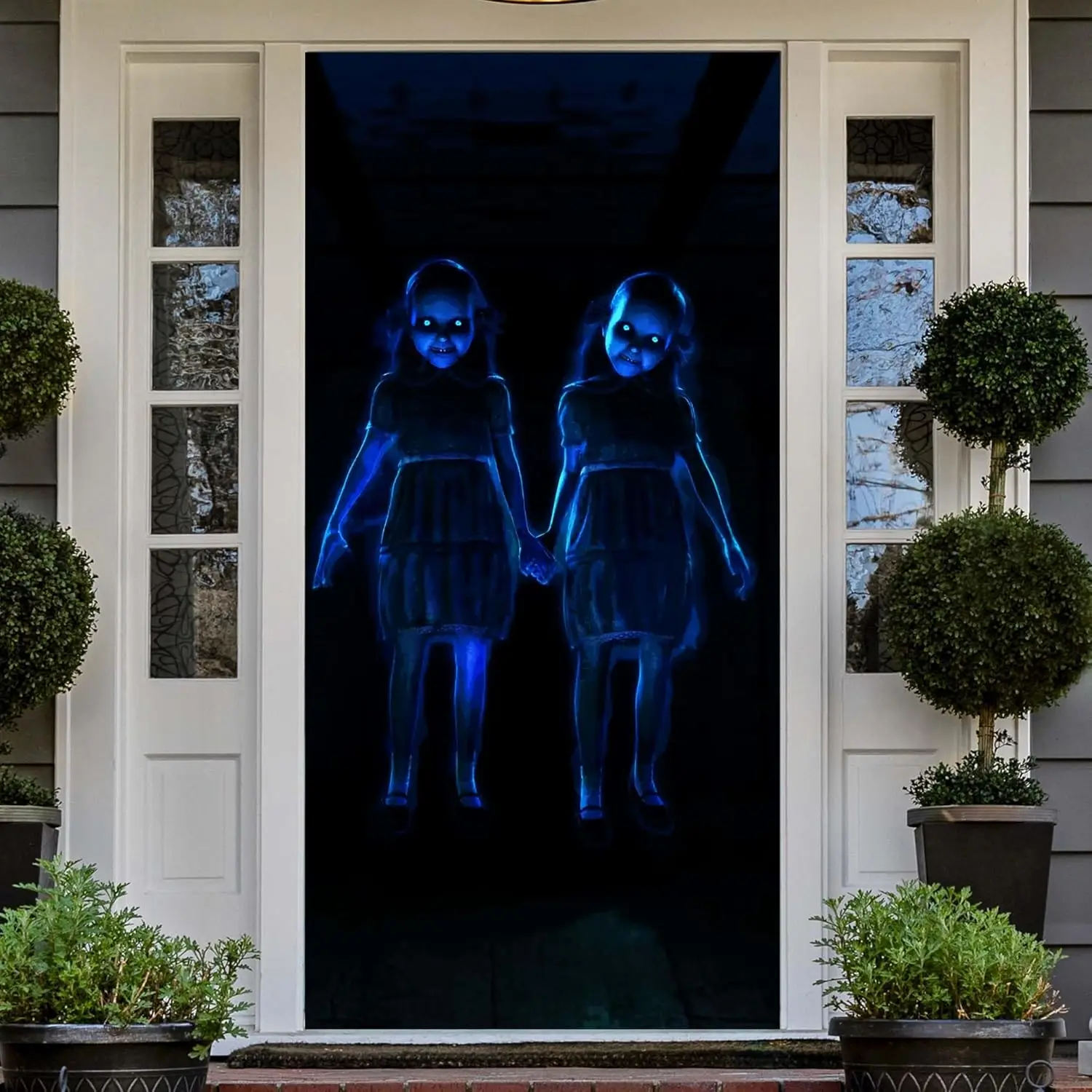 Horror Twins Halloween Banner Hintergrund Süßes oder Saures Killer Gruseliges gruseliges Thema Dekor für Horrorfilm Fan Halloween Party Dekor