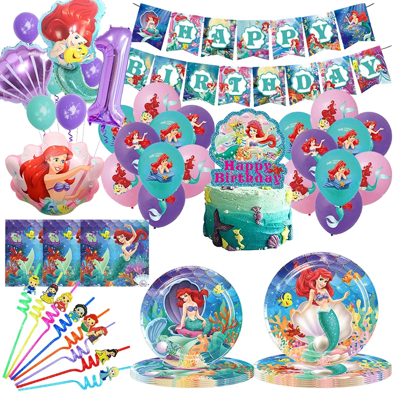 Disney The Little Mermaid Birthday Decoration Ariel Party Tableware Set Cup Plate Napkin Balloon Birthday Event Supplies For Kid