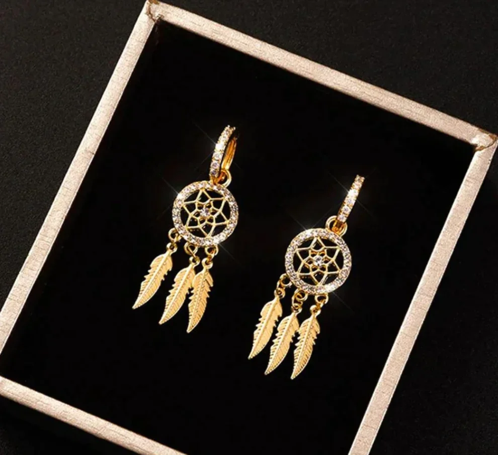 Hollow Dream Catcher Feather Inlay Shiny Zircon Flower Tassel Earrings Pendant Accessories For Women‘s Party Custom Jewelry