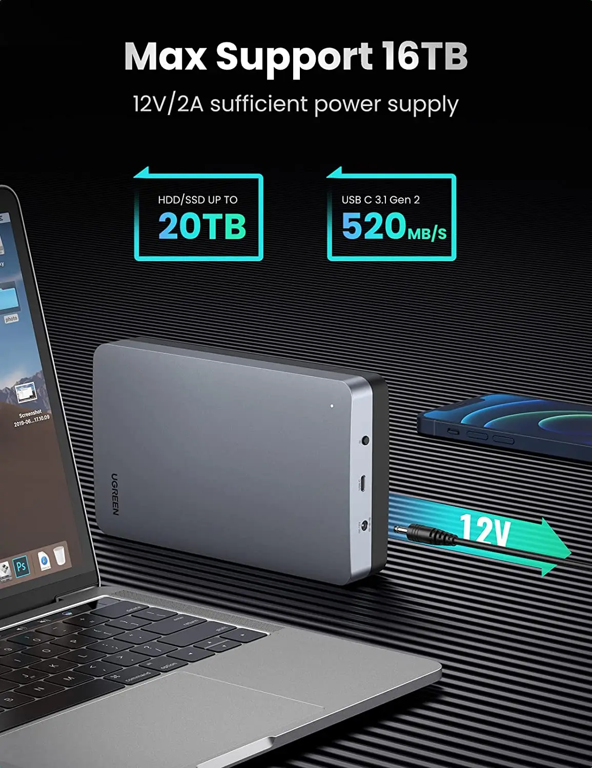 UGREEN Custodia per disco rigido esterno SATA da 3,5 pollici per HDD SSD SATA da 2,5 pollici Custodia in alluminio USB C 3.1 Gen 2 ad alta velocità da 6 Gbps