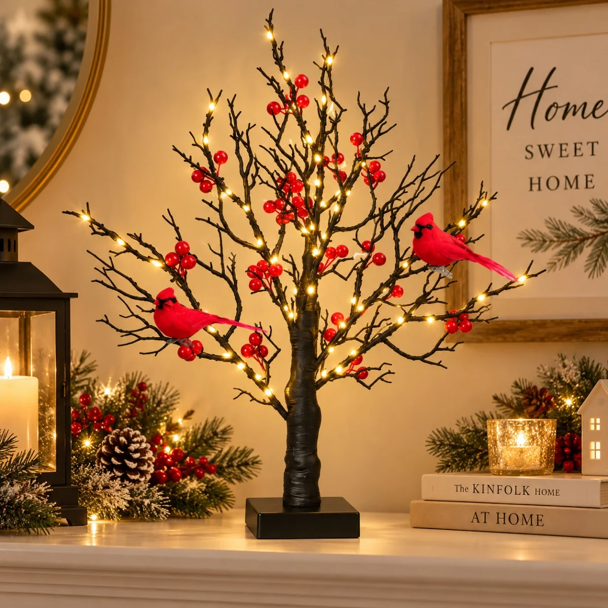 1pc 60LED Christmas Gift Black Birch Tree with Red Berry & Birds Table Lamp Battery& USB Powered For Home Party Table Xmas Decor