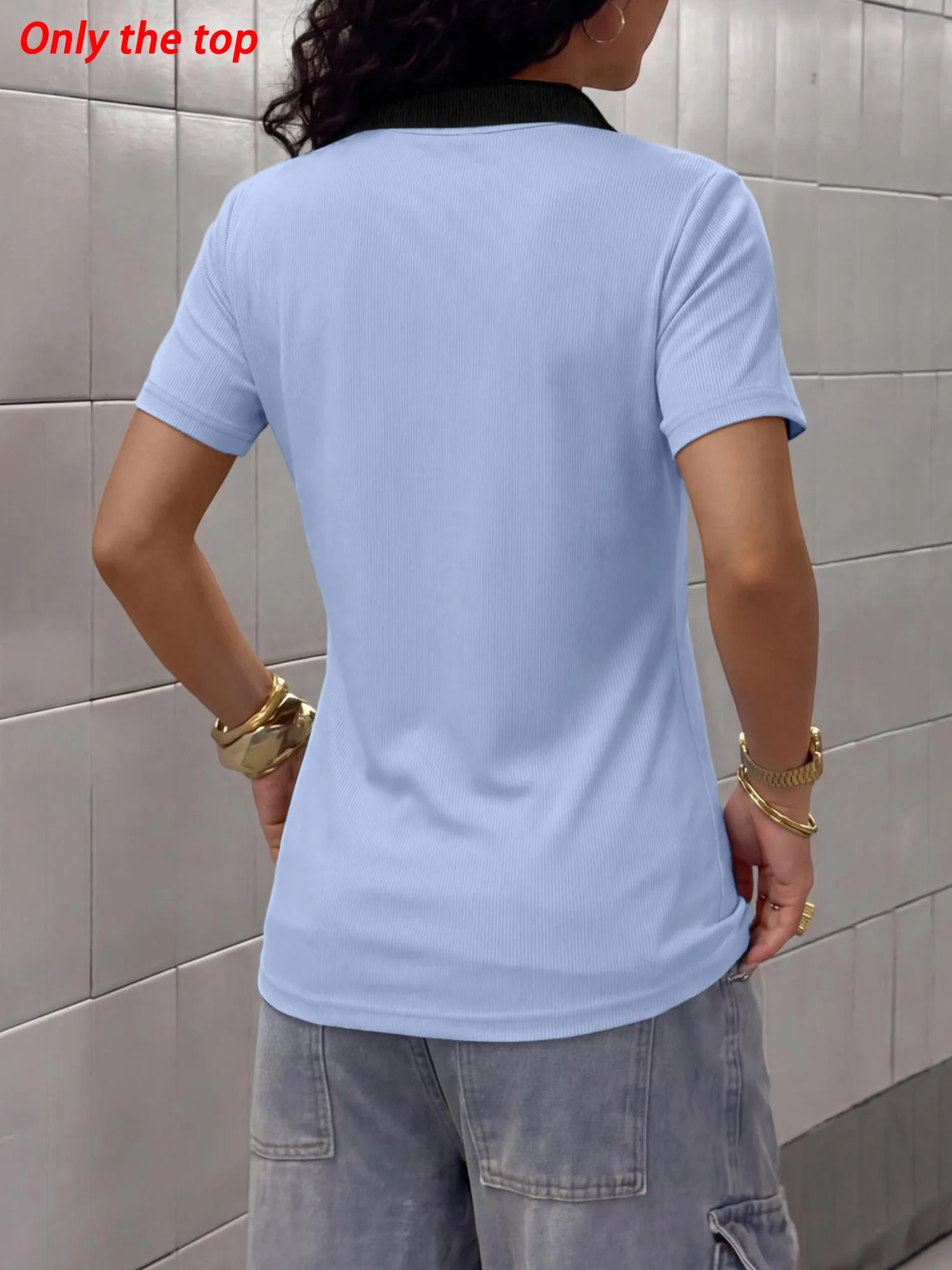 Stretchy Ribbed Polo Top, Contrast Collar Short‑Sleeve Shirt for Golf Tennis & Spring Summer Outdoor Activities